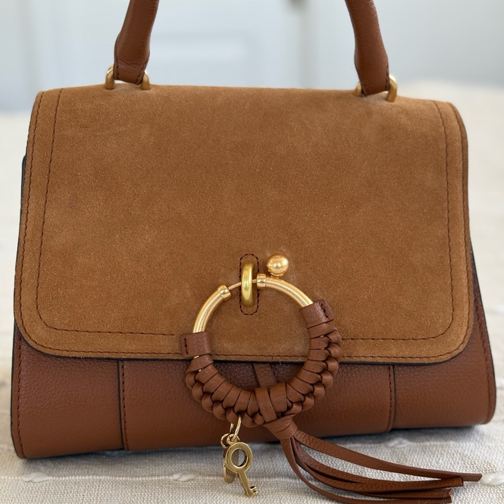Chloé Two-Tone Brown Suede & Leather Top-Handle Satchel with Gold Ring